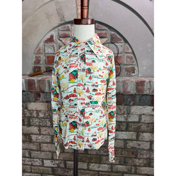 shirt button down fall farm print dagger collar kids - Picture 1 of 10